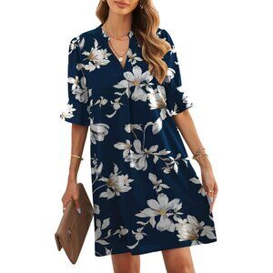 Women's Blue Flower Polyester V-Neck Fit Short Sleeve Knee Length Shift Dress